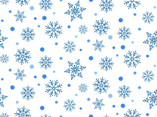 Seamless pattern blue snowflakes of different shapes on white background. Vector flat drawing