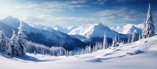 In the enchanting winter landscape the snow capped mountains rise against the backdrop of a clear blue sky while the white clouds drift peacefully over the dense forest of trees creating a c