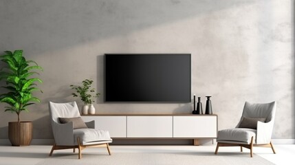 Mockup a cabinet TV wall mounted with armchair in living room with a white cement wall.3d rendering