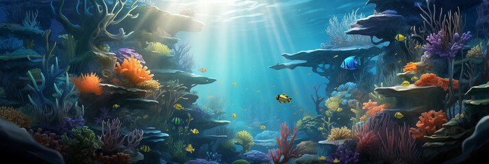 Fototapeta na wymiar AI generated underwater background. Banner image. Cartoon style.