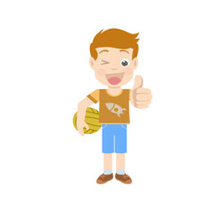 character design of a boy holding a basketball in a thumbs-up pose