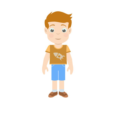 This asset features an illustration of a young boy wearing a brown shirt and blue shorts. It is suitable for various designs targeting children or depicting casual summer outfits.