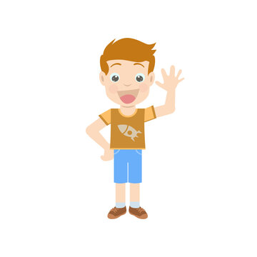 character design of a boy smiling and waving his hand