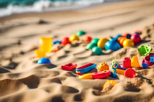 vacation and summer image with beach colorful toys for kid over the sand.