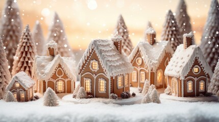 Fototapeta na wymiar Festive Christmas Candy and Gingerbread Cottages in Artificial Snow