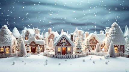 Fototapeta premium Festive Christmas Candy and Gingerbread Cottages in Artificial Snow