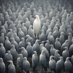 Success in Uniqueness - White Bird Among a Group of Grey. Ai generative