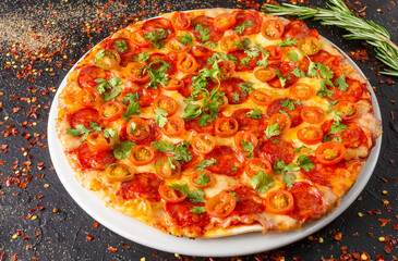 Delicious pizza with spanish sausage and cilantro