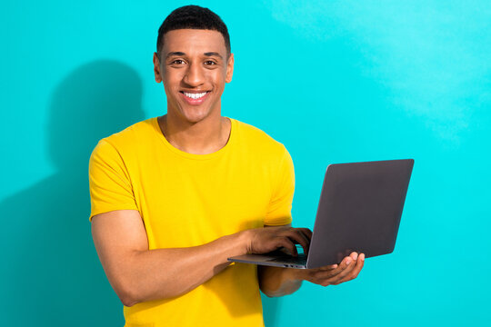 Photo of experienced programmer code developer python javascript new artificial intelligence laptop isolated on aquamarine color background