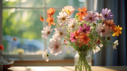  a vase full of colorful flowers sitting on a table in front of a window with the sun shining through the window.  generative ai