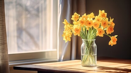  a vase filled with yellow flowers sitting on top of a wooden table next to a window with a curtain behind it.  generative ai