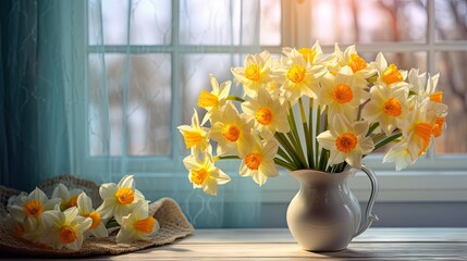  a vase of daffodils on a table next to a basket of daffodils in front of a window.  generative ai
