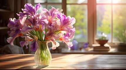  a vase filled with purple flowers sitting on top of a wooden table in front of a window filled with sunlight.  generative ai