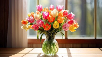  a vase filled with lots of colorful tulips on top of a wooden table next to a large window.  generative ai