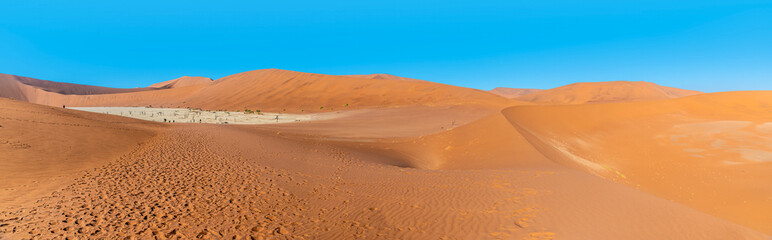 Fototapeta na wymiar A panorama view of sand dunes and the dead valley in Sossusvlei, Namibia in the dry season
