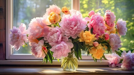  a vase filled with pink and yellow flowers sitting on a window sill in front of a window sill.  generative ai