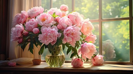  a vase filled with pink flowers sitting on top of a window sill next to a glass vase filled with pink flowers.  generative ai