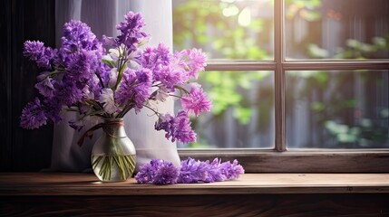 Fototapeta na wymiar a vase filled with purple flowers sitting on top of a wooden window sill next to a window sill. generative ai