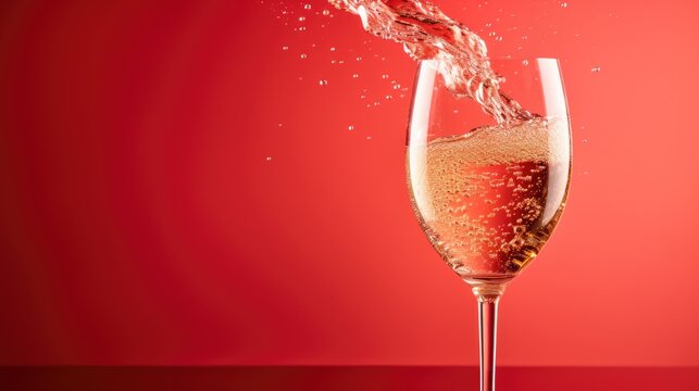  a close up of a wine glass with a liquid splashing out of it on a red and pink background.  generative ai