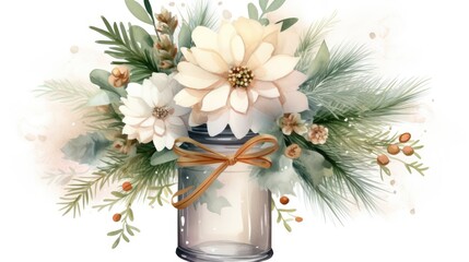  a painting of a mason jar with a bouquet of flowers and pine cones on the top of the mason jar.  generative ai