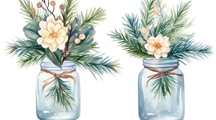  a watercolor painting of two mason jars with pine branches, flowers, and pine cones tied with twine of twine.  generative ai
