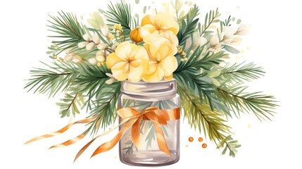  a watercolor painting of a mason jar filled with yellow flowers and greenery with a ribbon tied around it.  generative ai - obrazy, fototapety, plakaty