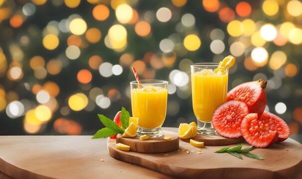 Butter fruit juice filled in the glass, Butter fruit slices on the wooden table, 