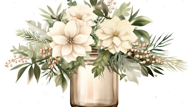  a painting of flowers in a vase with leaves and berries on the bottom of the vase, on a white background.  generative ai