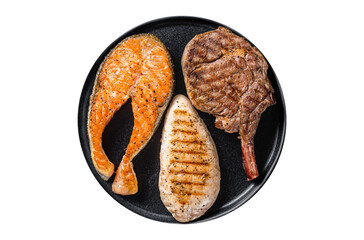 Grilled meat steaks - fish salmon, beef veal and turkey fillet.   Transparent background. Isolated
