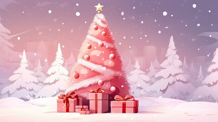  a christmas tree surrounded by presents in front of a snowy landscape with a star on top of the christmas tree.  generative ai