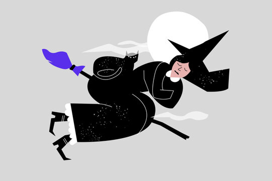 Vector illustration of a sleeping witch flies on a broom of the moon night with her black cat. Halloween concept