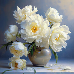 Oil painting. Bouquet of white peonies on a blue background