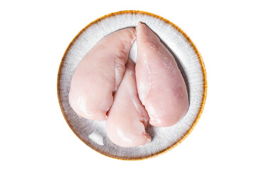 Chicken breast fillet raw meat in plate with herbs.  Transparent background. Isolated