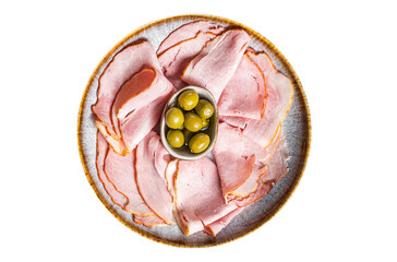 Smoked Ham slices in plate with olives.  Transparent background. Isolated