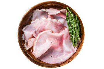 Sliced Prosciutto ham in a wooden plate.  Transparent background. Isolated