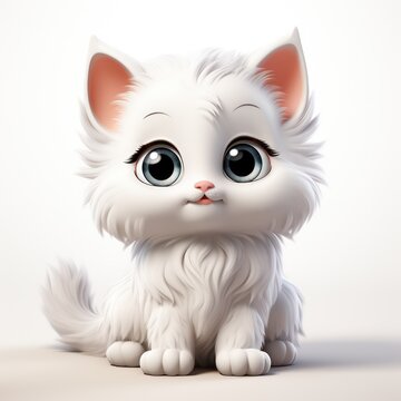 A lovable 3D mascot featuring a cute baby white cat. Realistic rendering of an endearing kitten cartoon, set against a white backdrop.