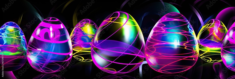 Poster vibrant array of neon easter eggs on a dark background
