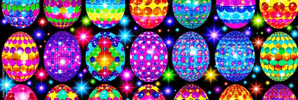 Poster Vibrant Array of Neon Lit Easter Eggs on a Dark Background