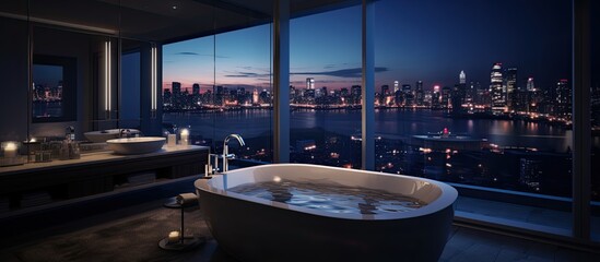 Penthouse view from bathroom at night with city lights on the river, modern style