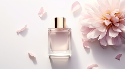 Top view of a square perfume bottle with a golden cap next to beautiful flowers. Beige minimal image on white background. Commercial image for perfumeries and cosmetic salons