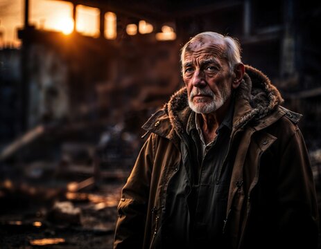 sad elderly man among destroyed housing