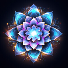 Symphony of Color and Light: Lotus Mandala in Blue Purple Cosmic Dance