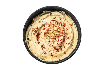 Hummus dip with chickpea in a bowl.  Transparent background. Isolated