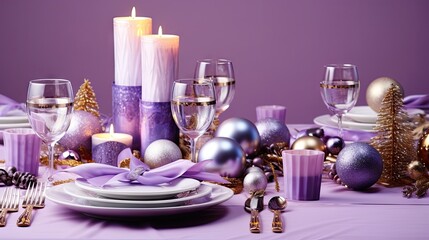 Obraz na płótnie Canvas a table set for a holiday dinner with purple and silver decorations and a lit candle in the center of the table. generative ai