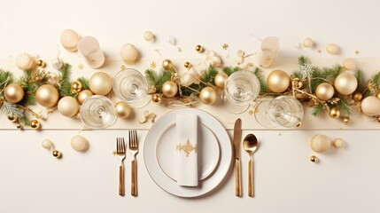  a table set for a christmas dinner with gold and silver decorations and a white plate with a knife and fork.  generative ai
