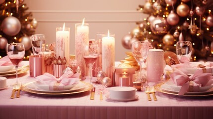  a table set for a christmas dinner with a pink table cloth and pink and gold decorations and a christmas tree in the background.  generative ai