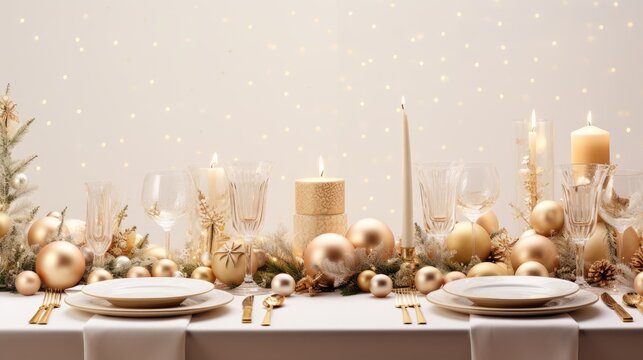  a table topped with plates and candles next to a table covered in gold and white ornaments and a christmas tree.  generative ai