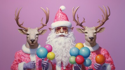 a man dressed as santa claus and two reindeers holding a bunch of balloons with a balloon in front of him.  generative ai