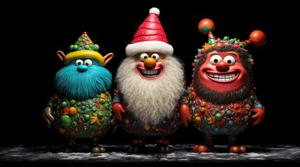  a group of cartoon characters standing next to each other in front of a black background with a santa hat on.  generative ai