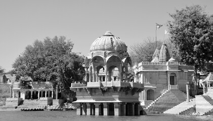 Gadisar lake in the morning. Man-made water reservoir with temples in Jaisalmer. Rajasthan. India